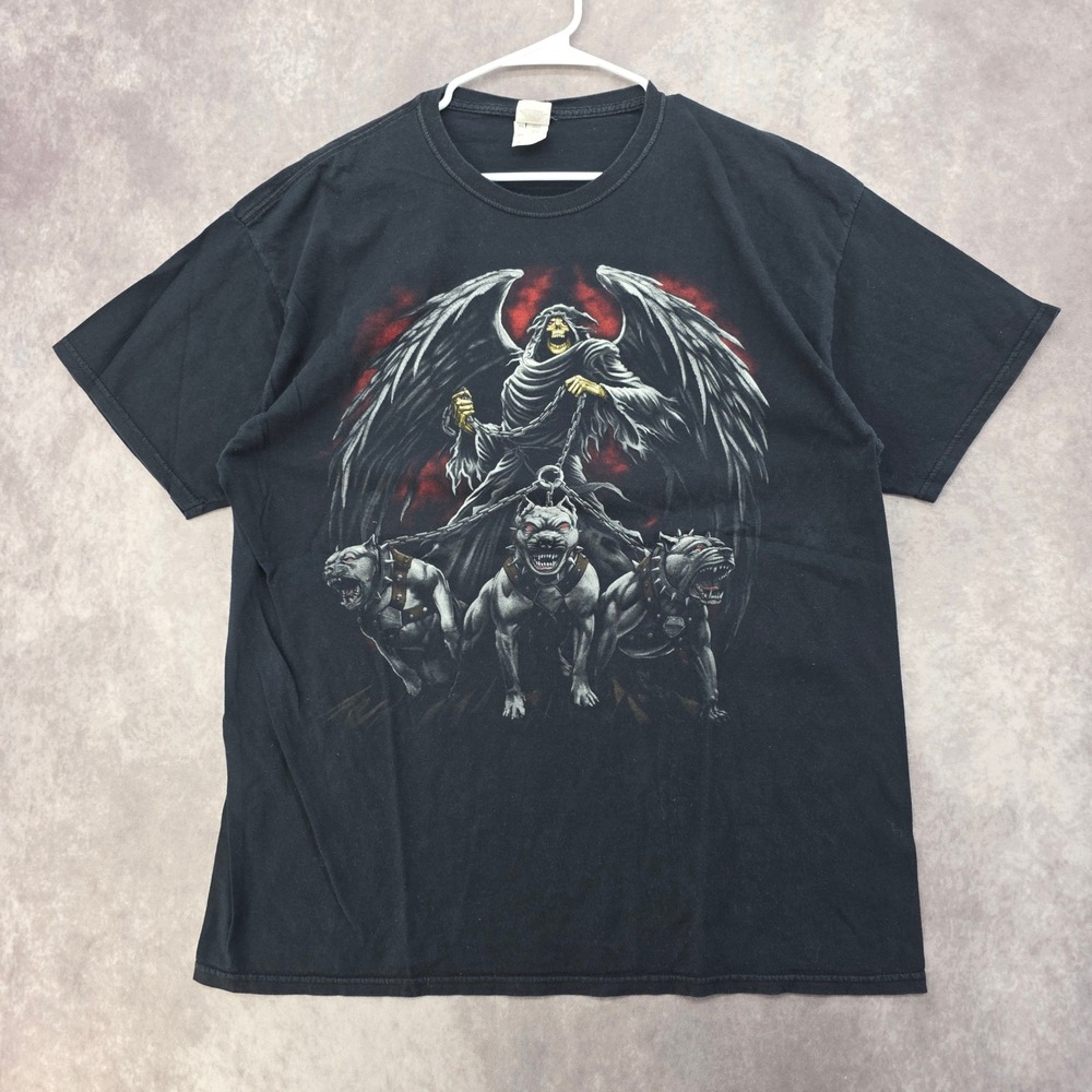 Grim Reaper Cerberus Shirt Mens XL Black Fruit of the Loom Graphic Tee Gothic